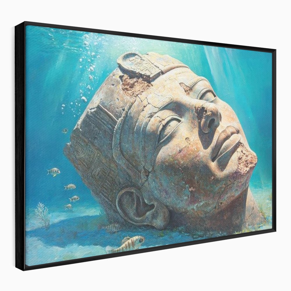 Tablou canvas cu cap de statuie faraonica scufundat, in rama de aluminiu negru